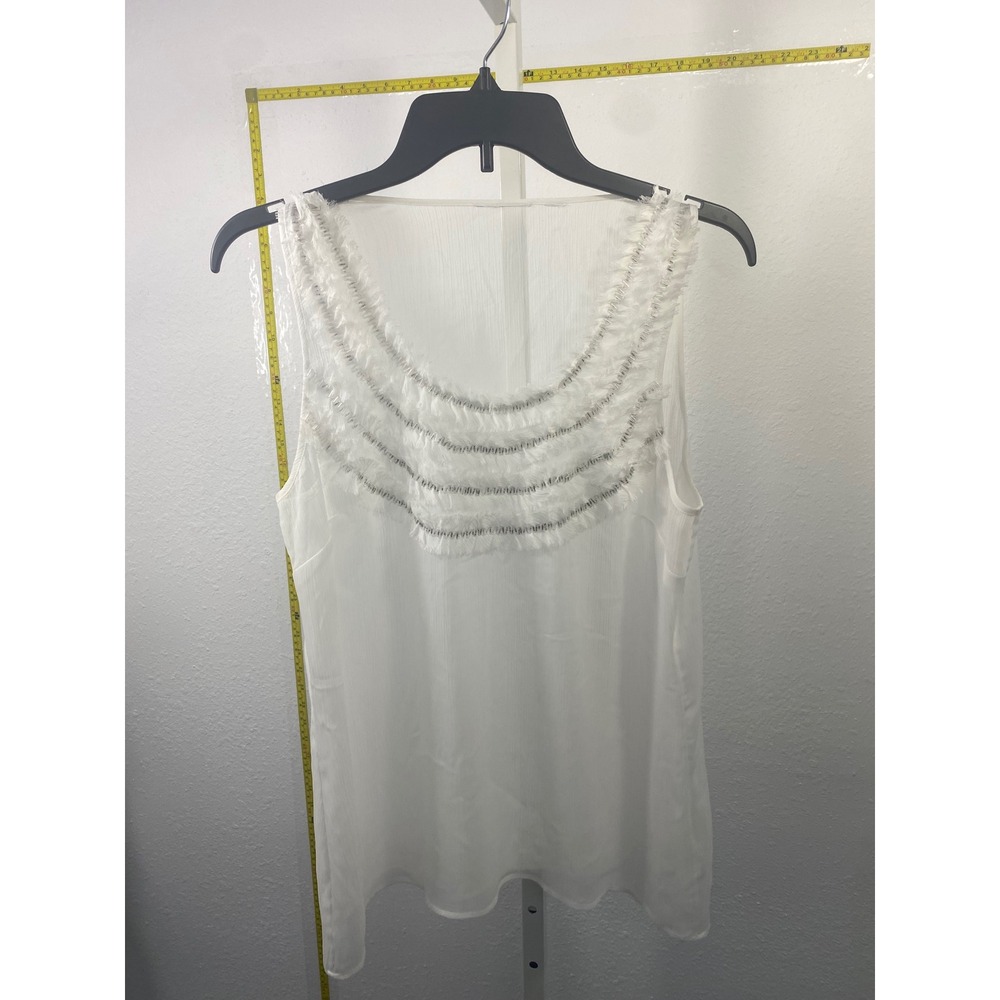 White Fringe Tiered Sleeveless‎ Blouse Scoop Neck Semi Sheer Textured Top Medium